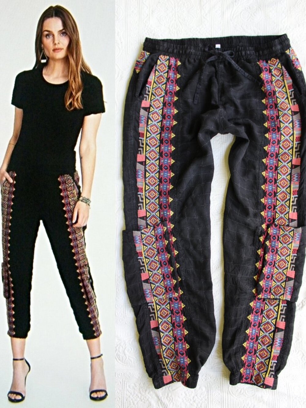 Johnny Was Pascaccio black embroidered Aztec Cargo jogger genie dress Pants S